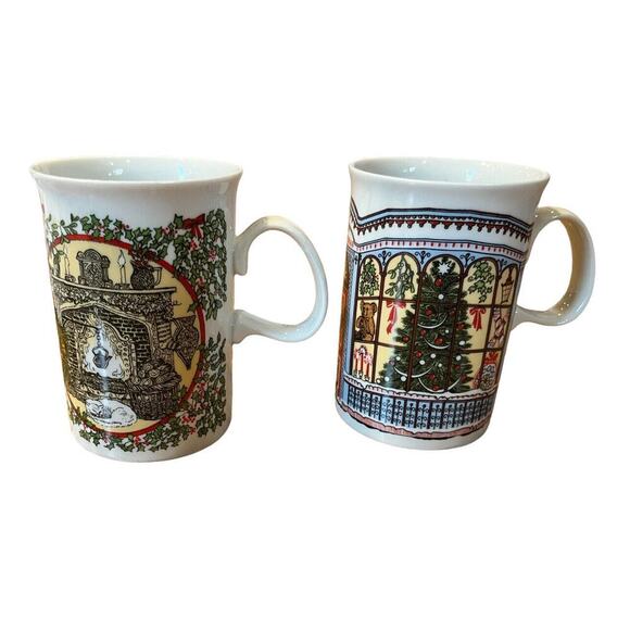 Vtg 2 DUNOON MUGS SUE SCULLARD CHRISTMAS TREE FIREPLACE CATS DOORS - Picture 1 of 10